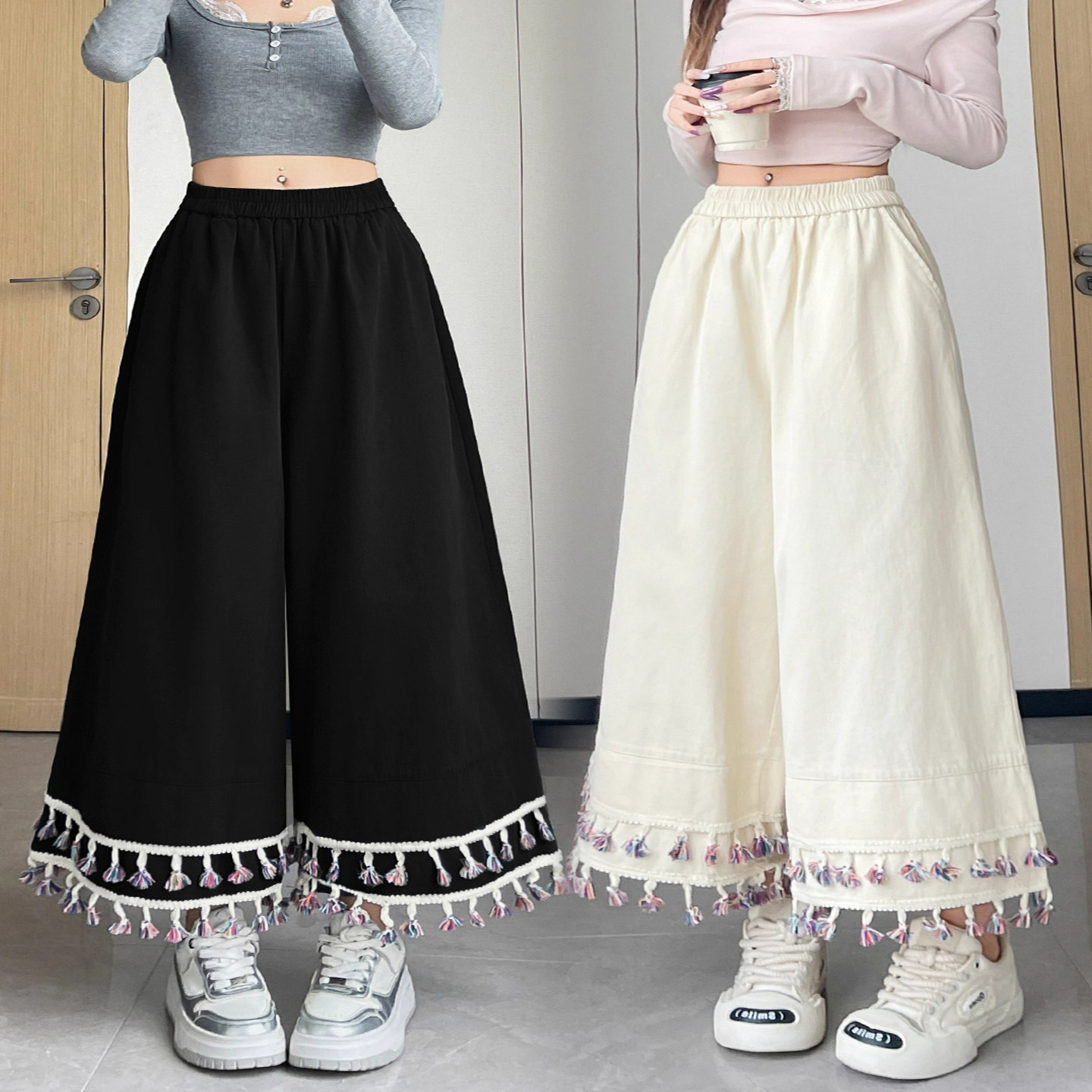 大码胖mm240斤早秋阔腿裤女小个子高腰宽松显瘦休闲九分流苏裤子