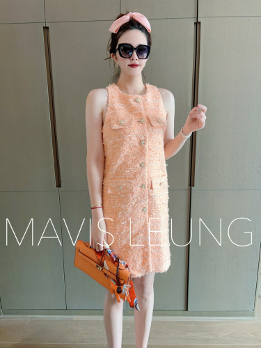MAVIS LEUNG COCO冰激凌系列 三文鱼色亮片无袖粗花呢A字连衣裙