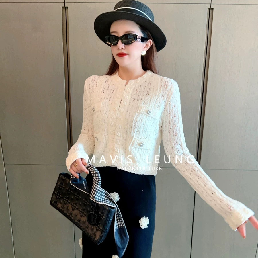 MAVIS LEUNG 白富美休闲系 COCO版镂空气质秋冬款长袖针织开衫