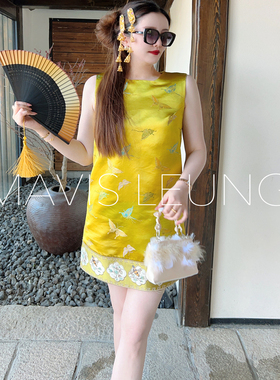 MAVIS LEUNG 花晨月夕 万物复苏翠绿色高定新中式提花直筒连衣裙