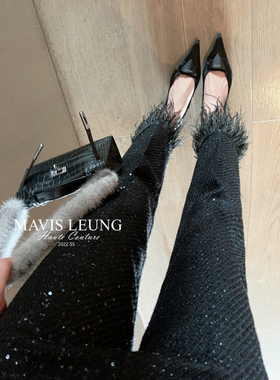 MAVIS LEUNG 满天星BLING闪闪面料 粗花呢驼鸟毛装饰秋冬西装裤