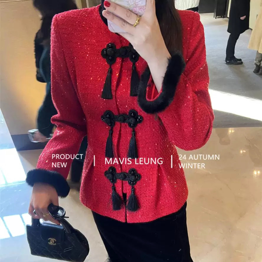 MAVIS LEUNG 东方美学 新中式流苏盘丝绒领毛毛袖口褶皱收腰外套