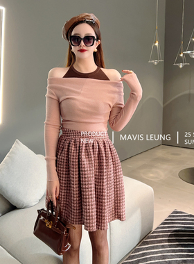 MAVIS LEUNG 玫瑰可露丽 假两件挂脖一字领撞色针织+粗花呢半身裙