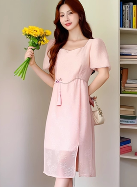 专柜479元【萌】方领提花串珠盘扣新式旗袍连衣裙品牌撤柜夏季女