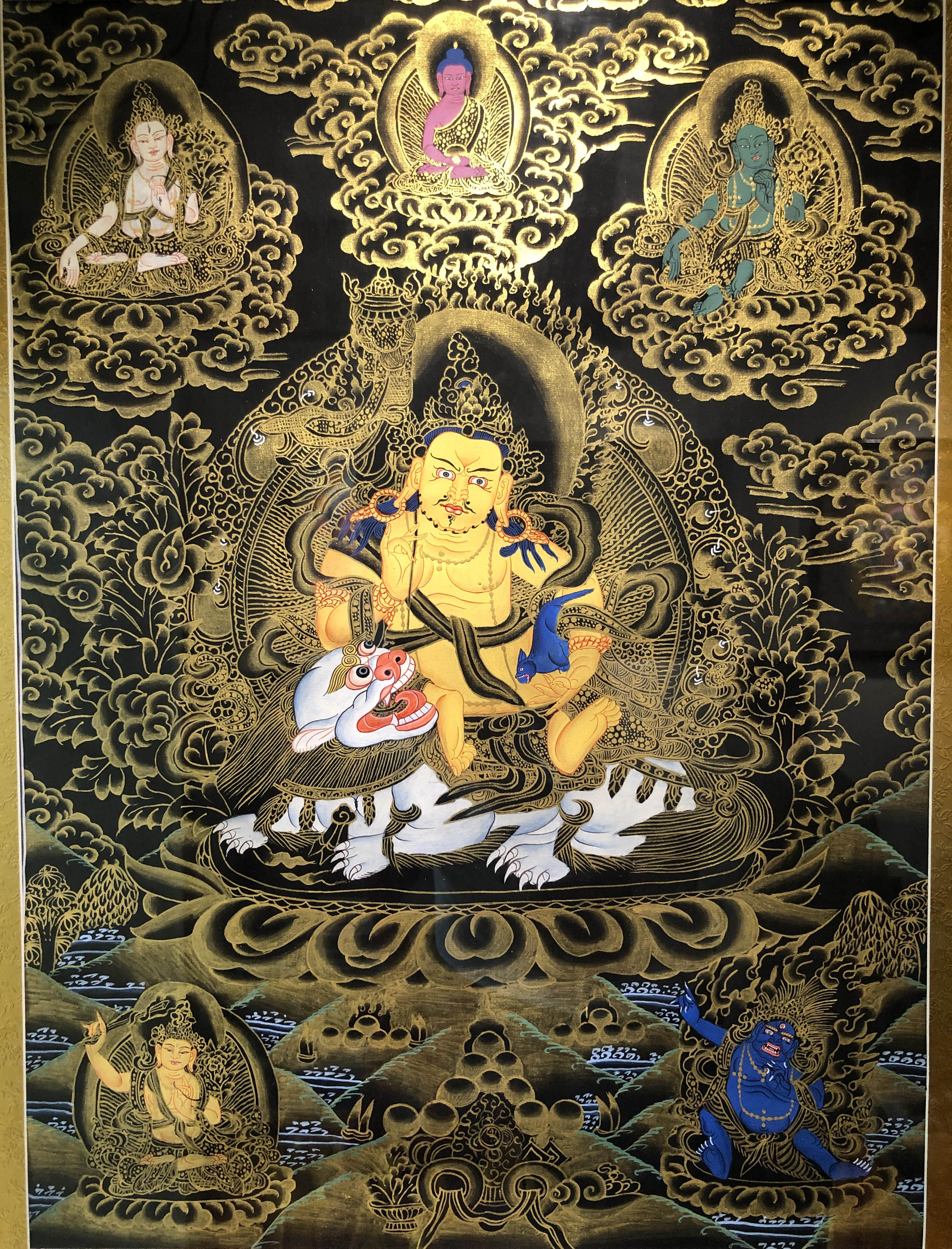 黑金唐卡 纯手绘 财宝天王 天然矿物颜料