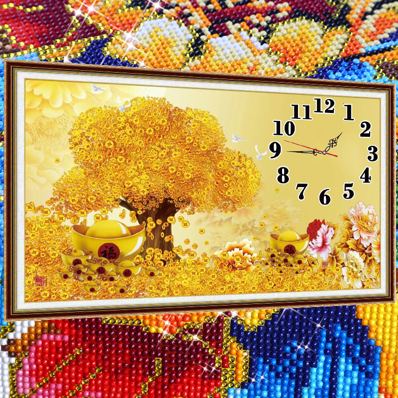 发财树钟表2026新款水晶钻石画满钻贴钻十字绣客厅砖石秀招财进宝