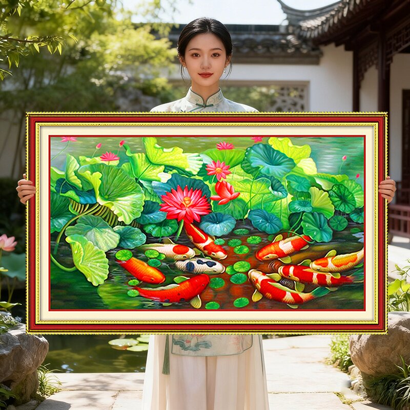 荷花九鱼图年新款手工刺绣十图片