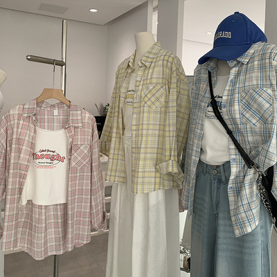 欧玛莱 翻领格子长袖单排扣衬衫+字母背心两件套上衣休闲女装