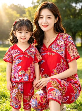 亲子装中国民族风棉绸汉服男童女童东北大花短袖套装夏季薄款宝宝