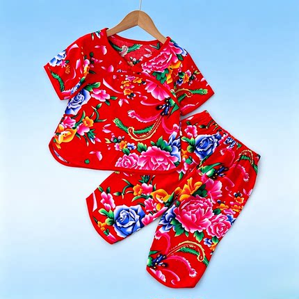 婴幼儿东北风大红花布棉绸儿童睡衣薄款夏季男女童空调家居服套装
