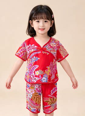 男女宝宝V领棉绸短袖两件套