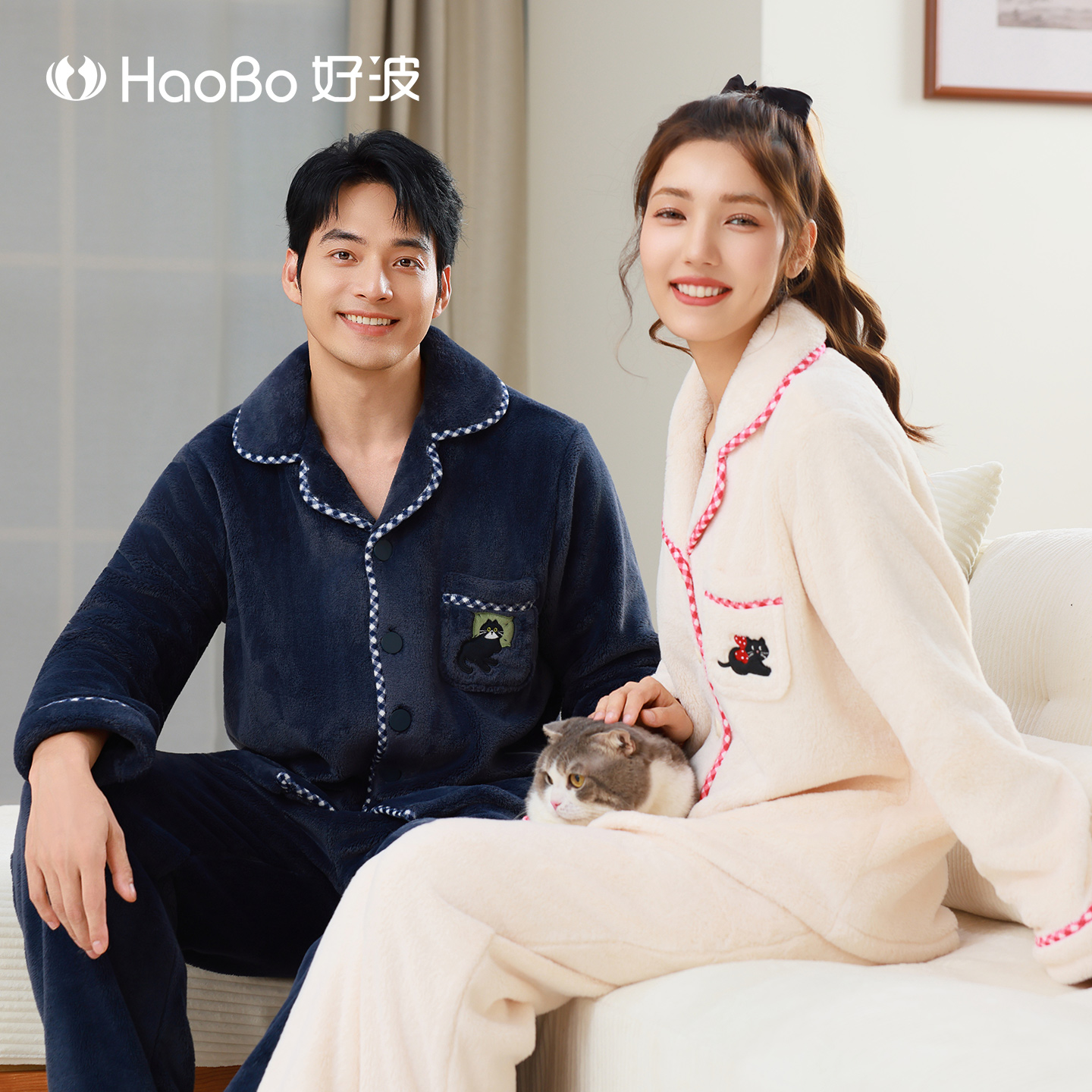 好波珊瑚绒家居服冬季防寒可外穿家居服一男一女睡衣套装HJR2555