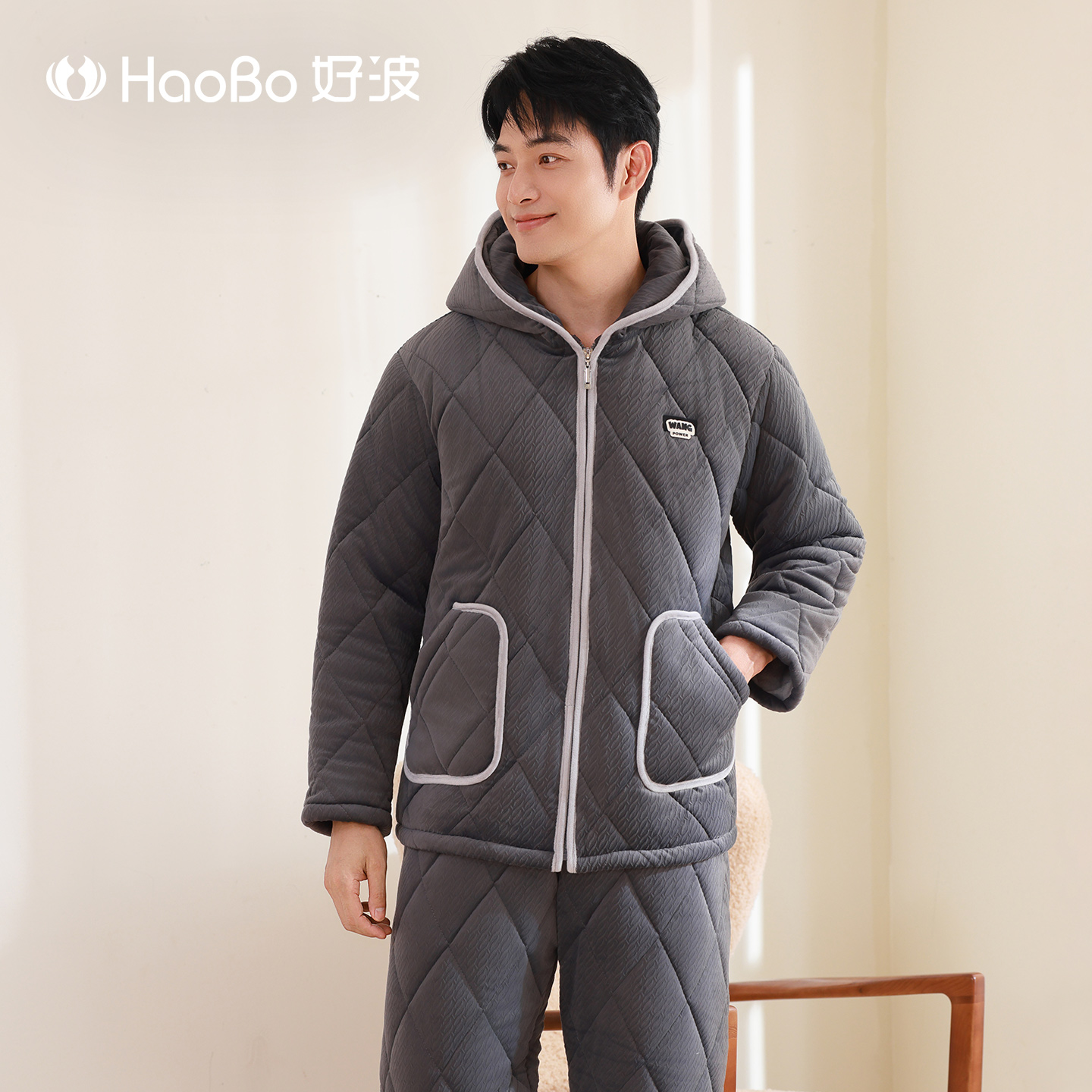 好波睡衣冬季宽松大码家居服连帽款睡衣加厚防寒可外穿棉袄HJ2583