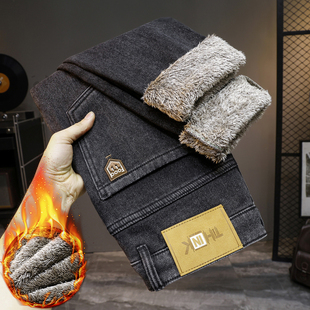 加绒加厚牛仔裤男冬季2025新款雪狐绒长毛绒弹力男士裤子保暖冬天