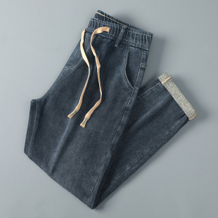 宽松百搭水洗棉中腰微弹长裤 抽绳松紧腰男士 厚款 秋冬季 子男 牛仔裤