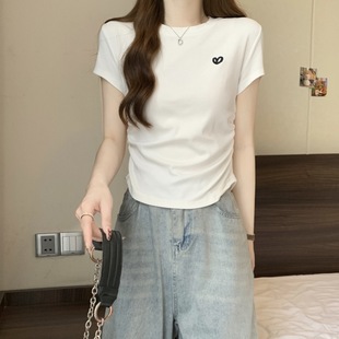 设计感纯棉白色ins短袖 2024夏季 t恤女新款 韩版 上衣 爱心刺绣修身