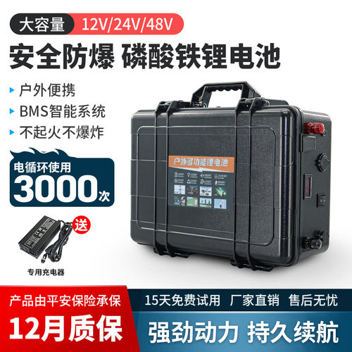 大容量磷酸铁锂电池12.8v.25.6v100AH安户外用船外机推进器锂电池