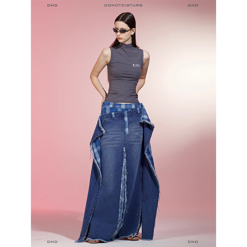 【陈卓璇同款】DONOTDISTURB原创牛仔拼接格子开衩长半裙