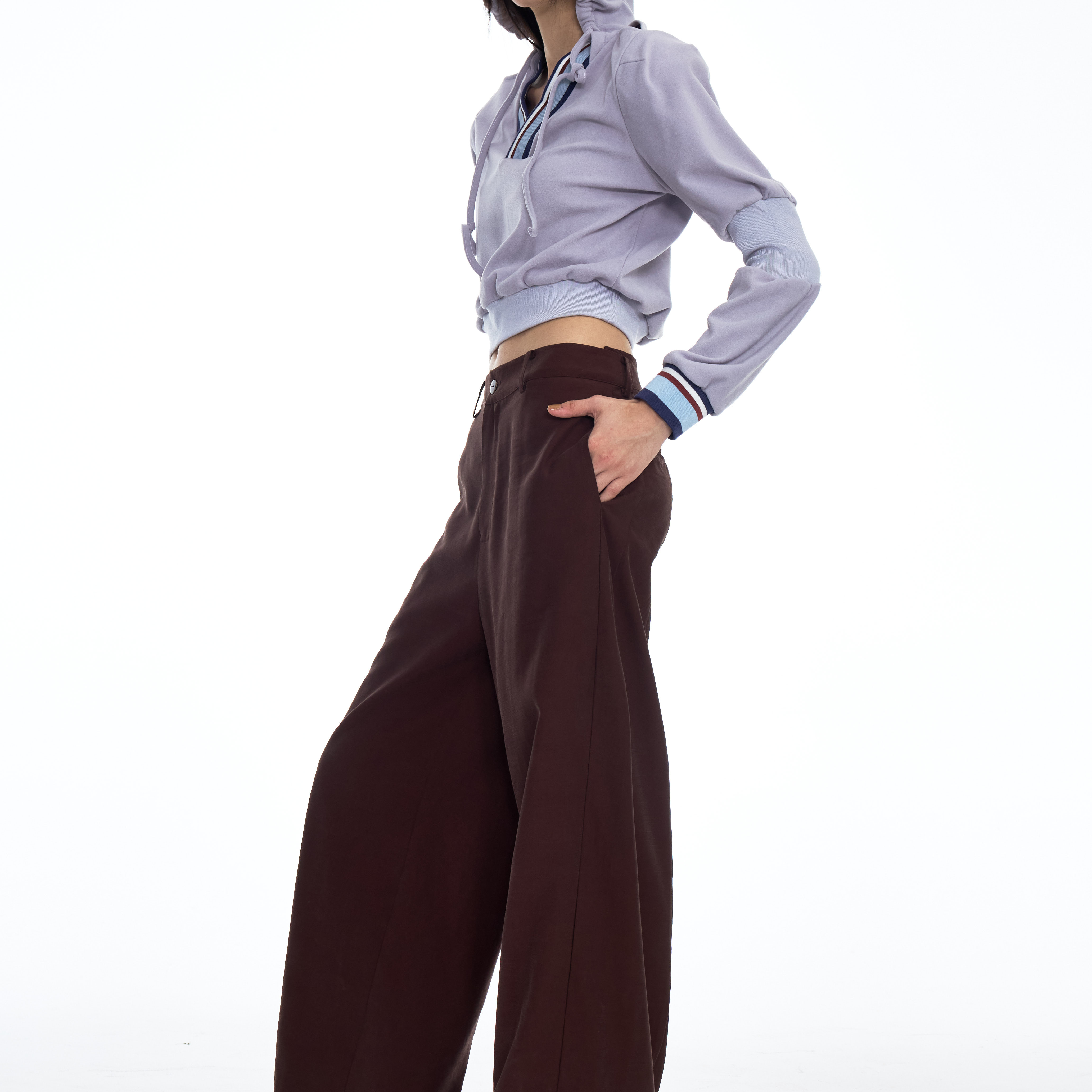 DONOTDISTURB原创解构造型拼接裤脚后开叉休闲西裤红棕色