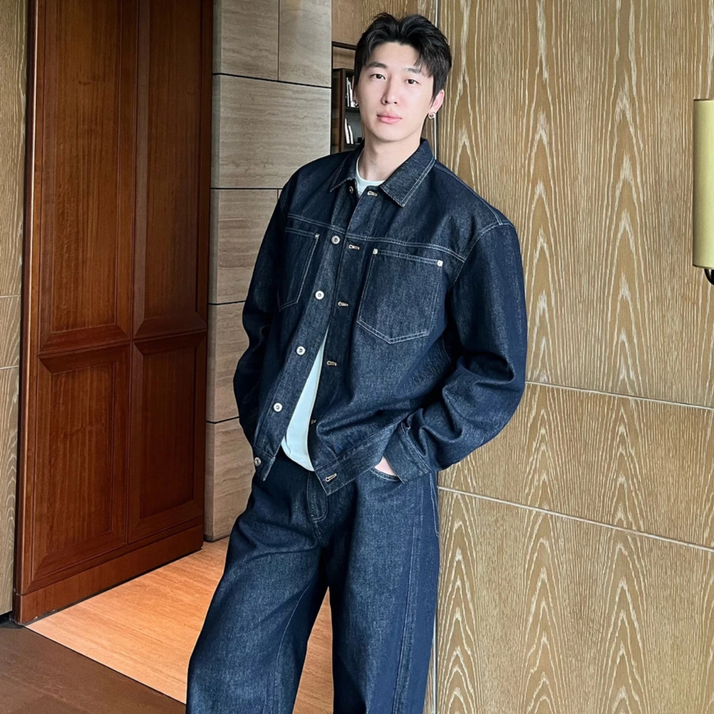 秋季牛仔套装男美式简约长袖外套时尚休闲潮流男裤两件套小众百搭