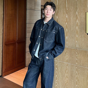 秋季牛仔套装男美式简约长袖外套时尚休闲潮流男裤两件套小众百搭