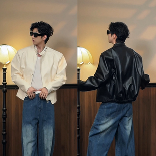 复古机车风立领廓形皮衣夹克男百搭休闲高级酷帅外套 时尚 春季 新品