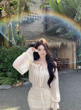 JAYKY YANG仲夏之梦香槟色一字肩雪纺连衣裙高弹花边长袖短裙