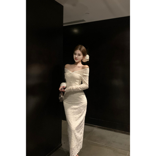 实拍实价 气质优美一字肩V领长袖连衣裙蕾丝蝴蝶结气质开叉裙