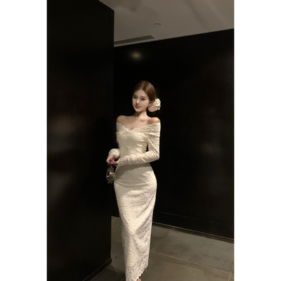 实拍实价 气质优美一字肩V领长袖连衣裙蕾丝蝴蝶结气质开叉裙