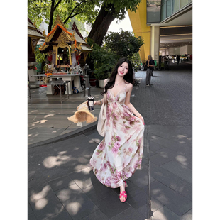 Fart Shop花漾花海 V领绑带露背吊带连衣裙女春夏蕾丝修饰裙