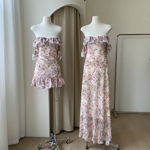 Xinlei Lin“裙摆藏巴黎”茶歇裙木耳边露背收腰碎花连衣裙女新款