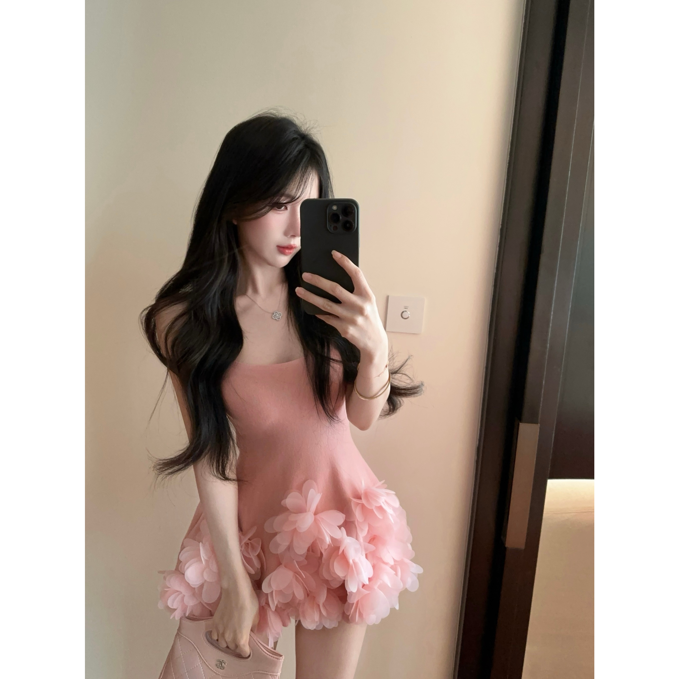 实拍实价  纯欲辣妹风粉色吊带上衣收腰生日派对立体花朵超短裙