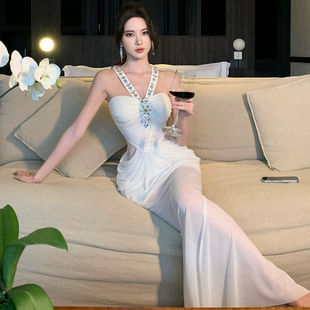 希腊神女~重工镶钻挂脖连衣裙温柔纯欲千金鱼尾长裙