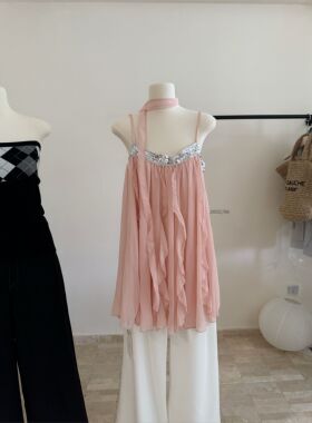 kubiliv私有浪漫珠片荷叶边海边度假纯欲露背抹胸吊带连衣裙