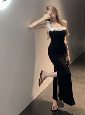 纯欲气质花朵吊带连衣裙女夏季黑色裙子收腰露背修身开叉包臀长裙