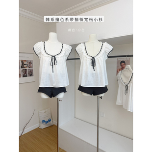 CEEYOU撞色系带抽领100莱赛尔小衫夏