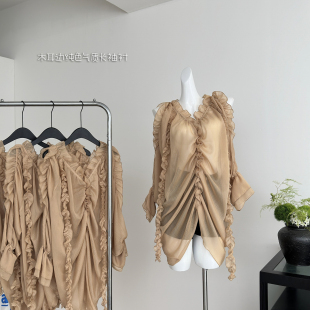 女慵懒宽松显瘦上衣 衬衫 FuunJ 香氛罗曼设计感木耳边抽褶V领长袖