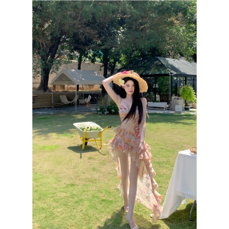 项天鹅er 度假风吊带连衣裙女2025春季新款荷叶边碎花裙雪纺裙子