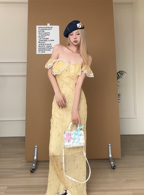 实拍  Flower Yuan3.15晚8春夏新款收腰显瘦方领蕾丝木耳边茶歇裙