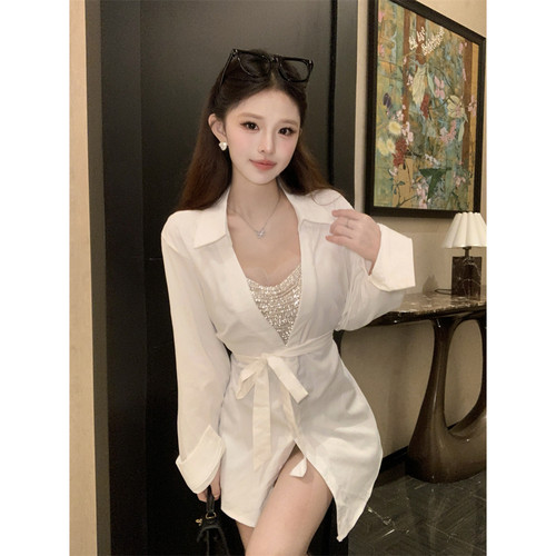 实价实拍~法式性感翻领设计感宽松修身绑带辣妹气质显瘦衬衫上衣