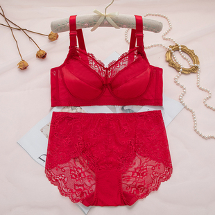 本命年红色结婚新娘全罩杯女内衣大胸显小胸罩大码超薄款文胸套装