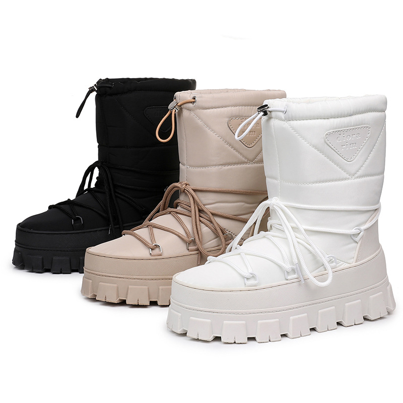 跨境厚底雪地靴女时尚保暖雪地鞋绑带可调节普达松糕底尼龙布面