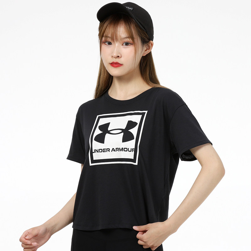 安德玛短袖女装2021新款圆领运动服黑色休闲健身半袖t恤1368176