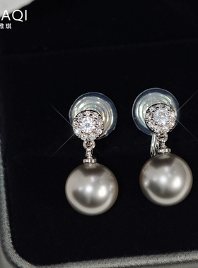 优雅高级灰色施家珍珠无耳洞一体式蚊香盘耳夹气质耳钉女时尚耳饰