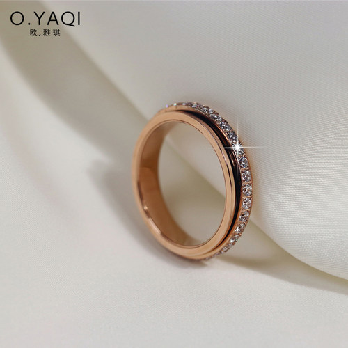 可转动满钻戒指钛钢18K金女式