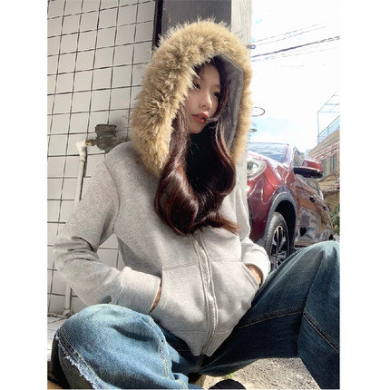 外套短款女秋冬加绒加厚高级感小个子拆卸毛领连帽开衫卫衣灰色潮