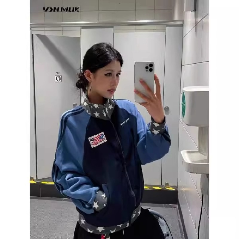 外套女款秋百搭美式复古星星立领运动开衫卫衣拼接撞色短款棒球服