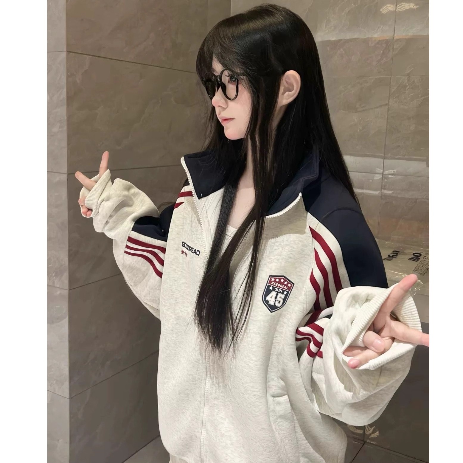 美式复古撞色条纹徽章字母外套