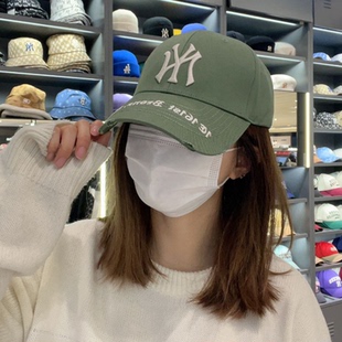 韩国MLB帽子复古硬顶做旧字宽檐棒球帽破洞NY洋基队鸭舌帽防晒帽