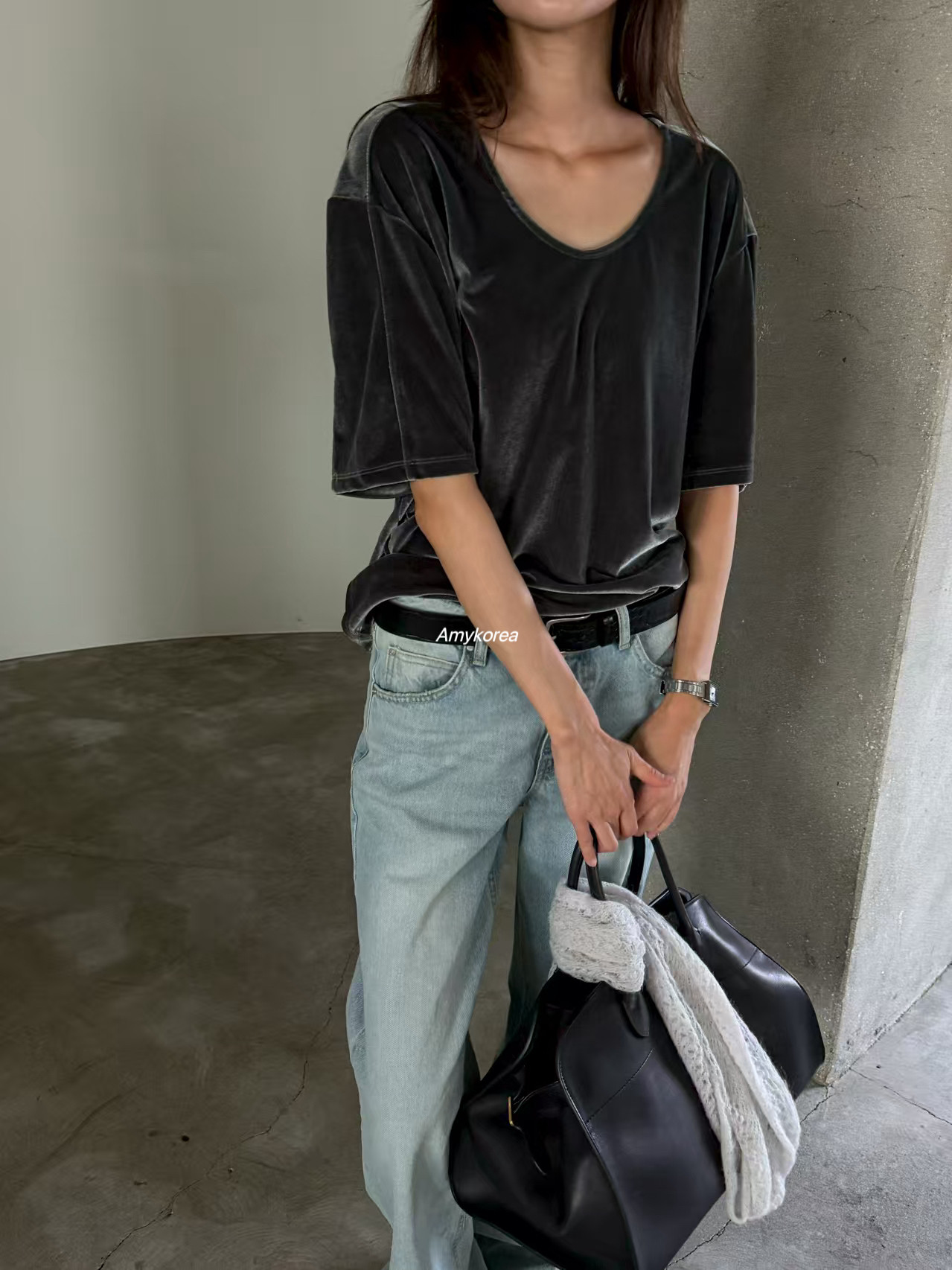 TOBE Amy韩代 26早秋 东大门 圆领 丝绒 短袖t恤 休闲百搭纯色